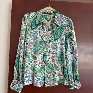 Zara Green and Pink Paisley Button-Down Blouse Size L